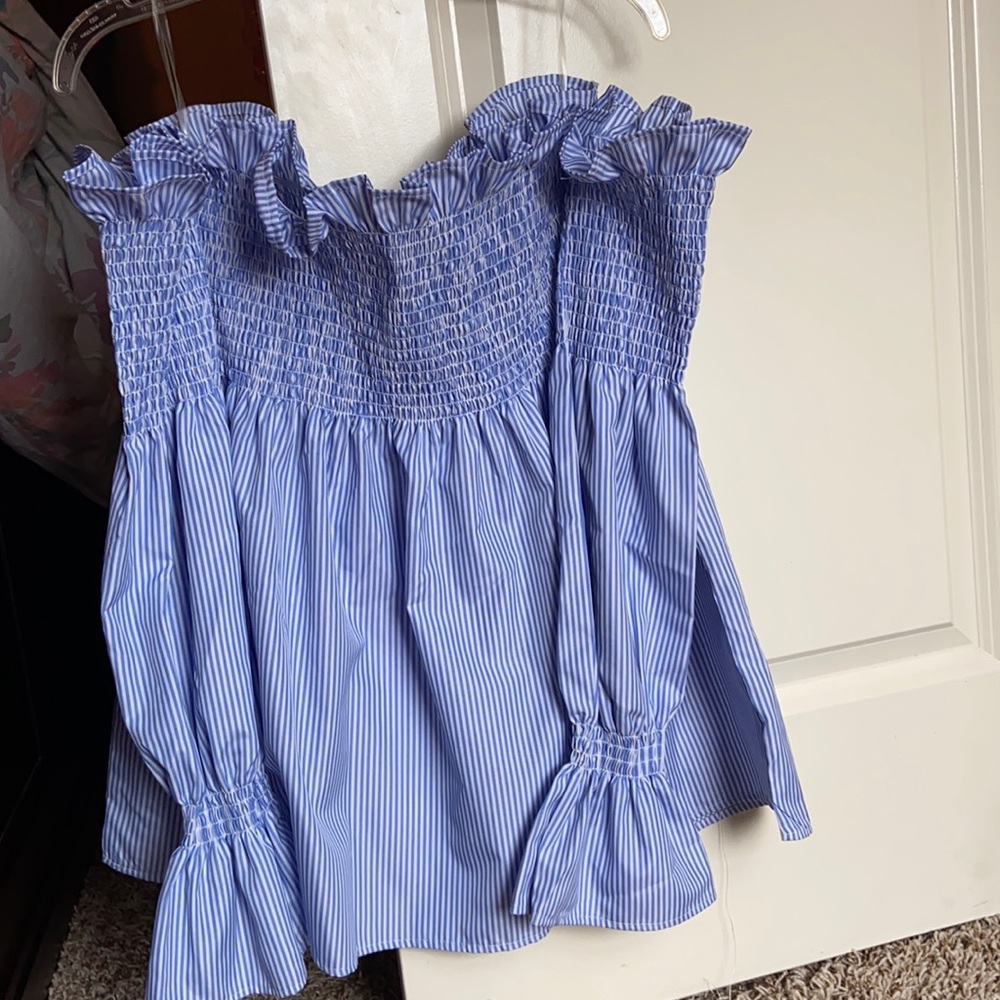 Blue and white off the shoulder shirt